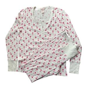Victoria's Secret White Thermal Pajama Set with Pink Floral Print